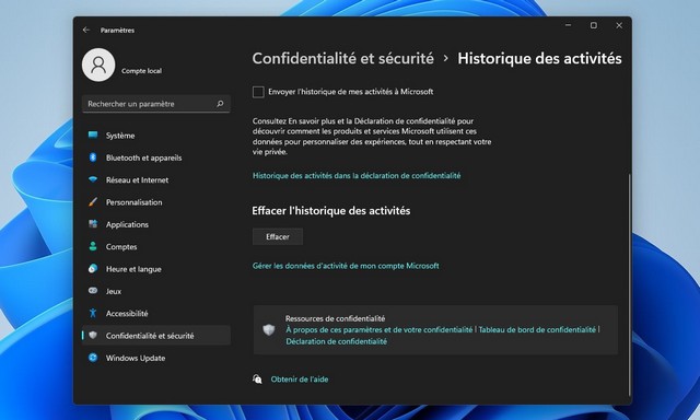 Comment effacer l'historique d'activité dans Windows 11