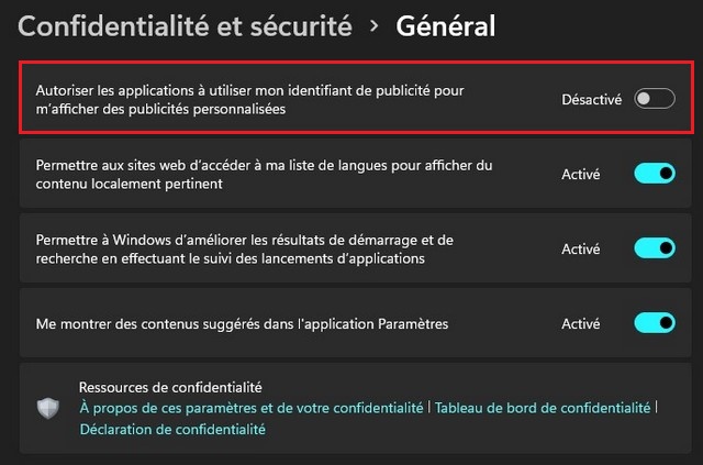 Désactiver le suivi publicitaire sur Windows 11