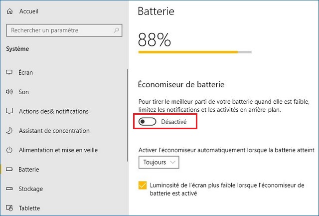 Désactiver l'économiseur de batterie