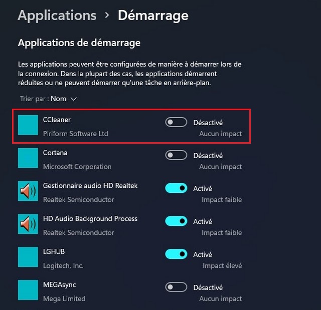 Désactiver les applications au démarrage