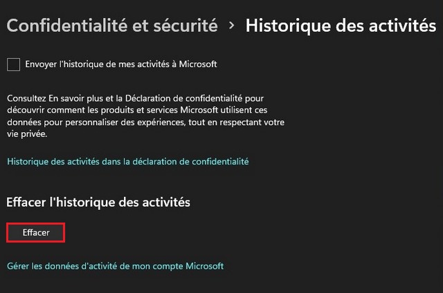 effacer historique d'activité