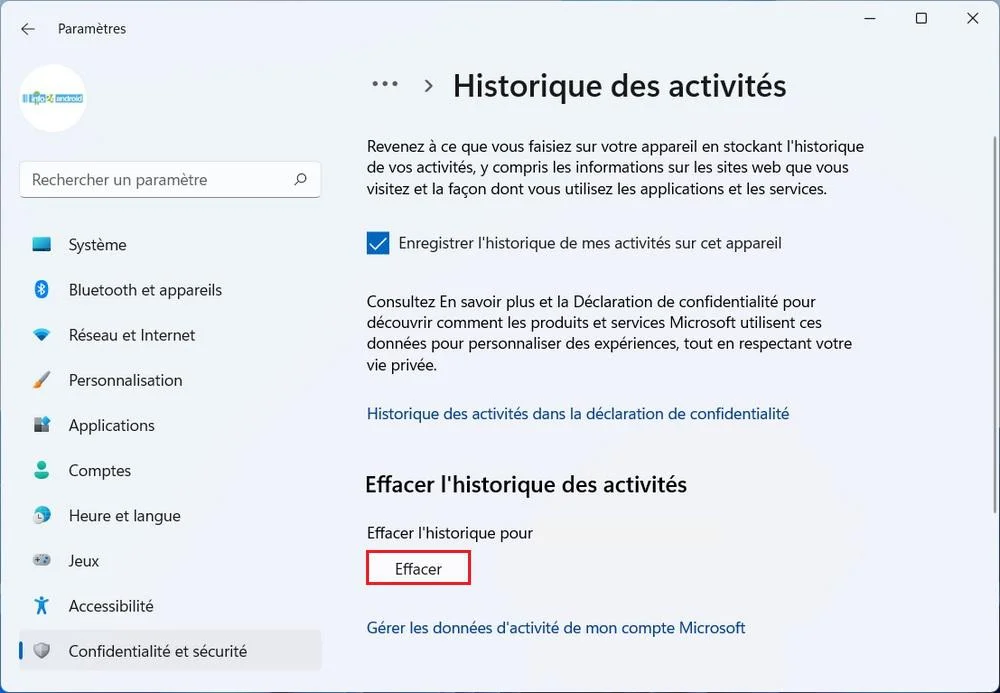 Effacer l'historique d'activité