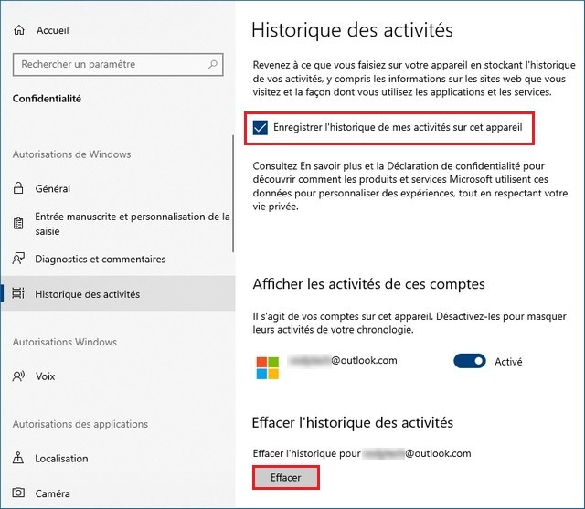 Effacer historique des activités dans Windows 10