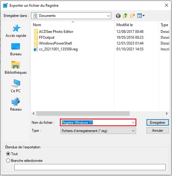 Sauvegarder le registre sous Windows 11