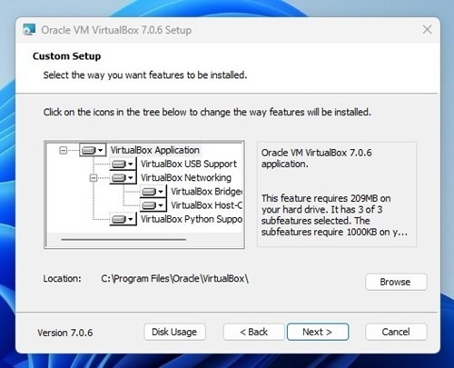 Select the installation location of VirtualBox