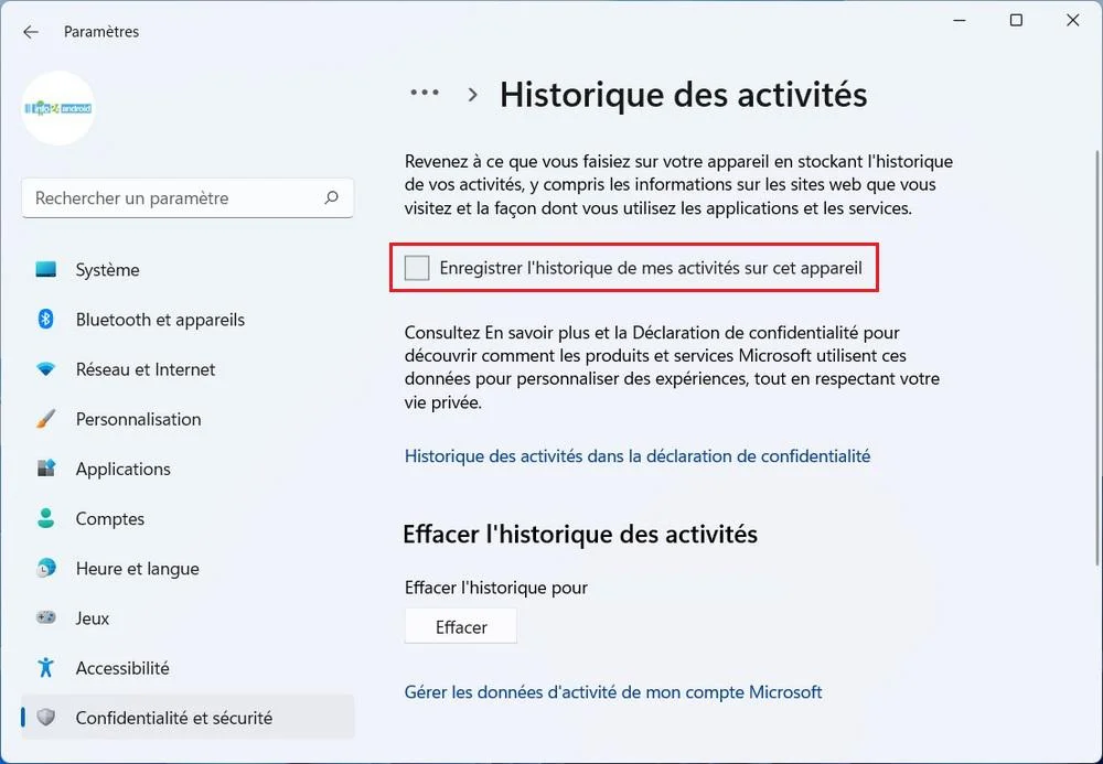 désactiver l'historique d'activité