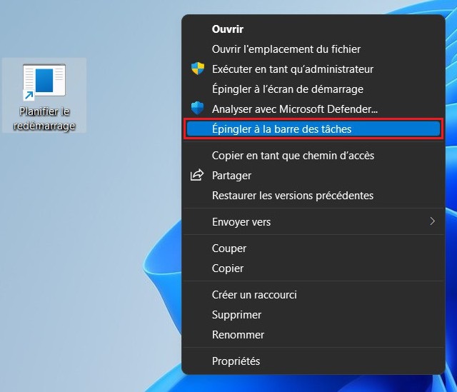Ajouter un raccourci de redémarrage à la barre des tâches