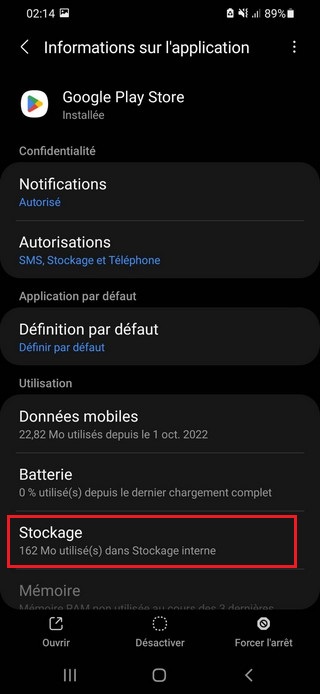 Appuyez sur Stockage