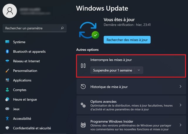 Arrêter une mise à jour en cours sur Windows 11