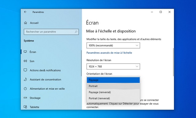 Changer l'orientation de l'écran en mode portrait sur Windows 10