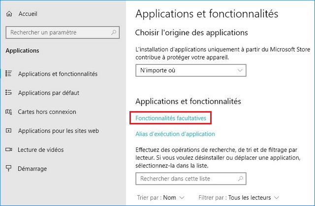 Cliquez sur Applications et fonctionnalités