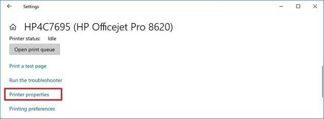 Cliquez sur le lien Propriétés de l'imprimante