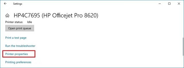 Cliquez sur le lien Propriétés de l'imprimante