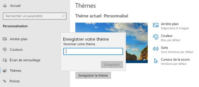 Créer un thème personnalisé Windows 10