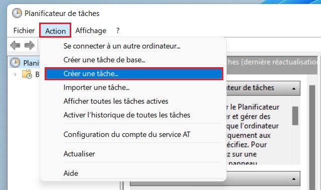 Créer une nouvelle tâche pour le redémarrage de la planification dans le planificateur de tâches