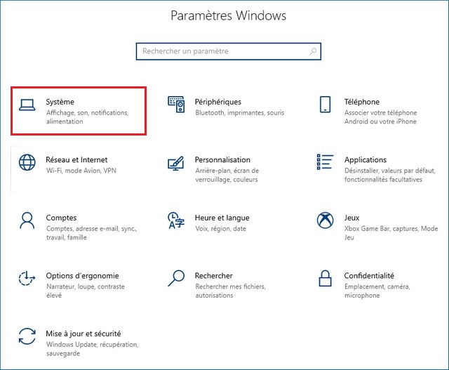 Paramètres Windows 10