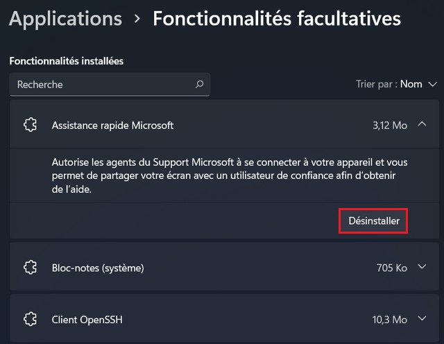 Supprimer les fonctionnalités facultatives