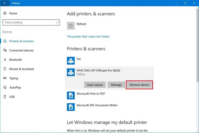 Supprimer l'imprimante sans fil sur Windows 10