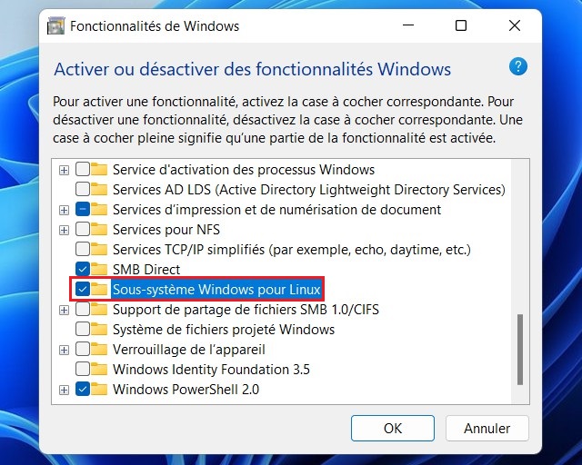 Activer WSL dans les fonctionnalités facultatives