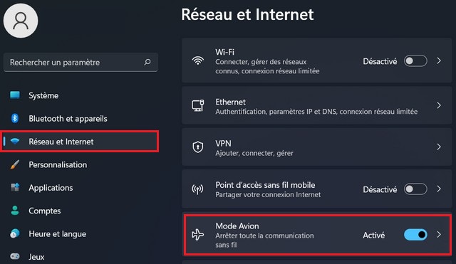 Activer le mode Avion à partir des paramètres