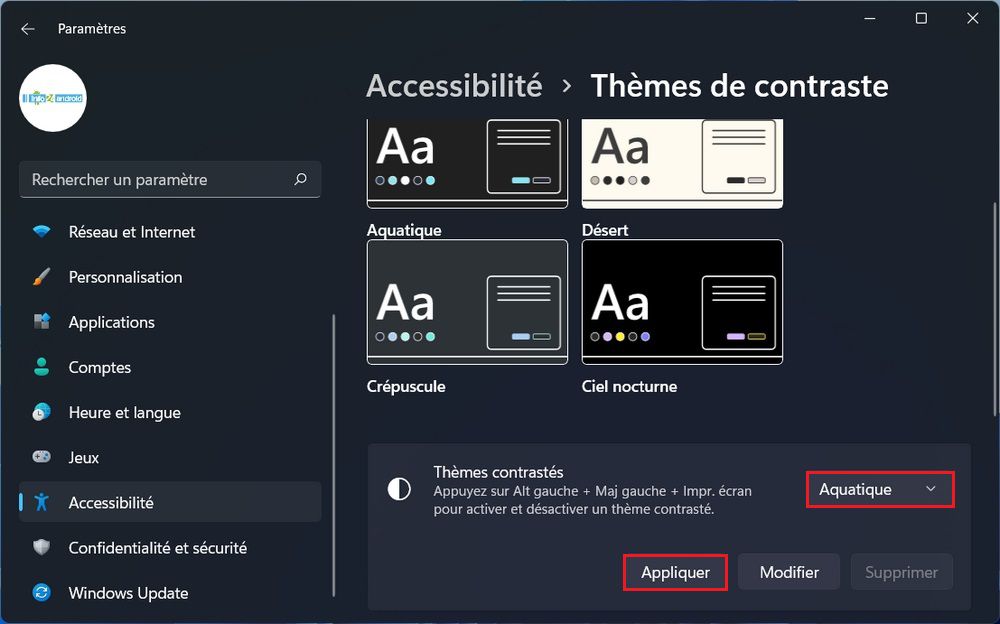 Activer le mode sombre via les thèmes de contraste élevé