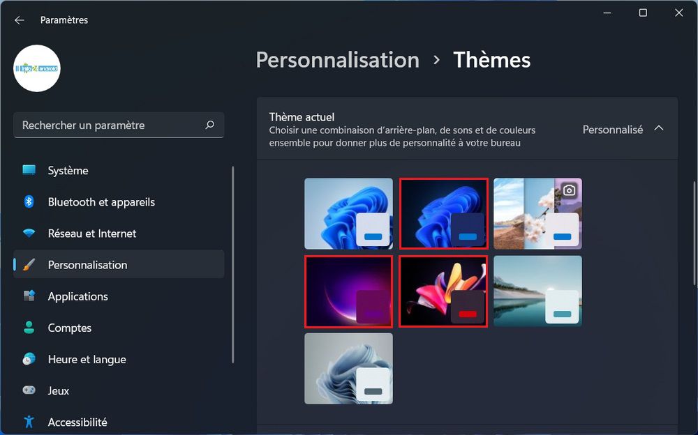 Activer le mode sombre via les thèmes de personnalisation