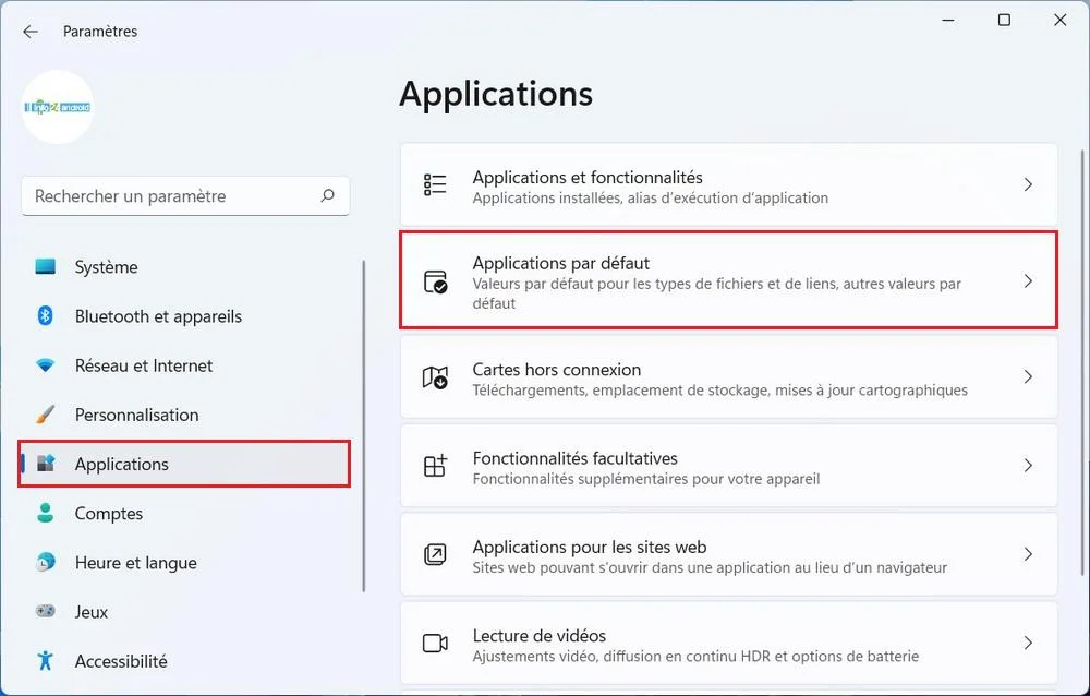 Applications par défaut Windows 11