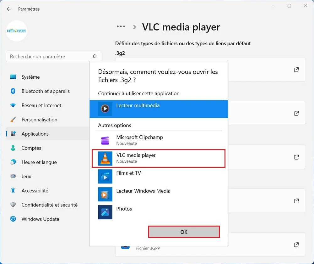 Changer les applications par défaut par application