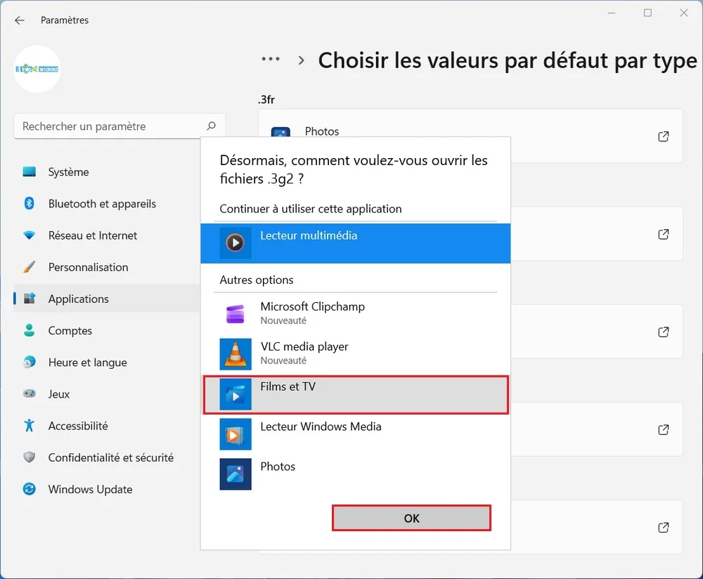 Changer les applications par défaut par type de fichier