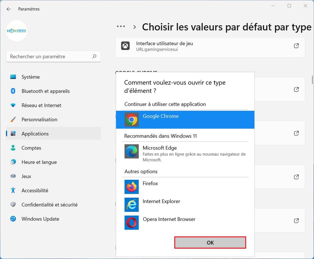 Changer les applications par défaut par type de lien