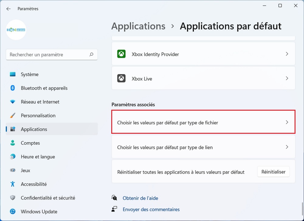 Choisir les valeurs par défaut par type de fichier