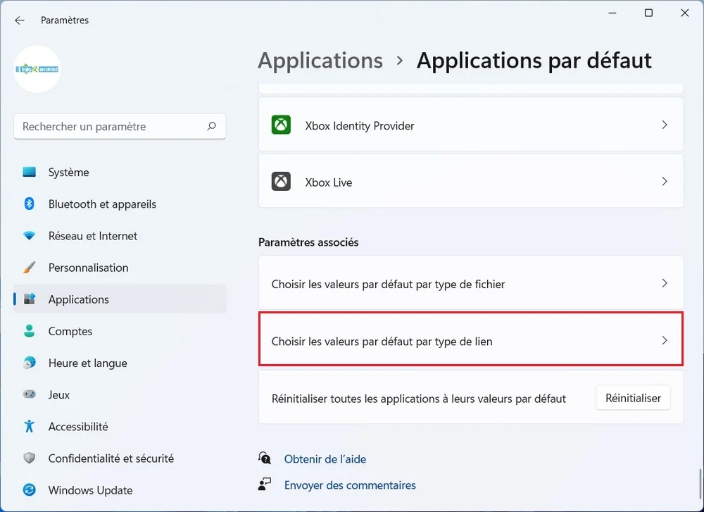 Choisir les valeurs par défaut par type de lien