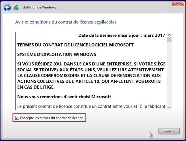 Cochez l'option J'accepte les termes de la licence