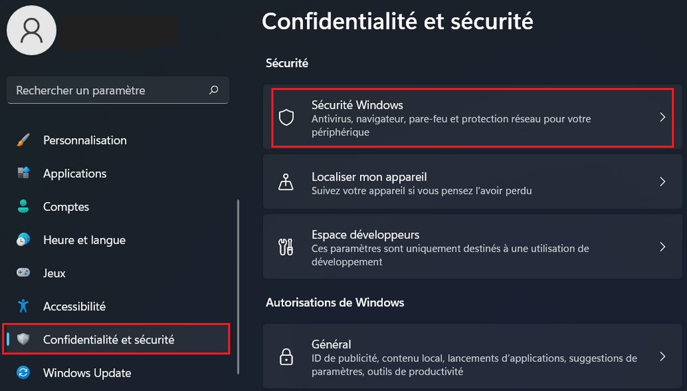 Confidentialité et sécurité Windows 11