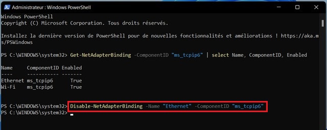 Désactiver IPv6 sur Windows 11 avec PowerShell