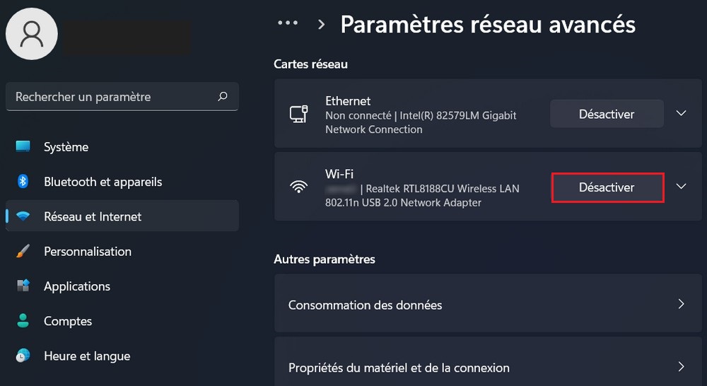 Désactiver la carte réseau sur Windows 11