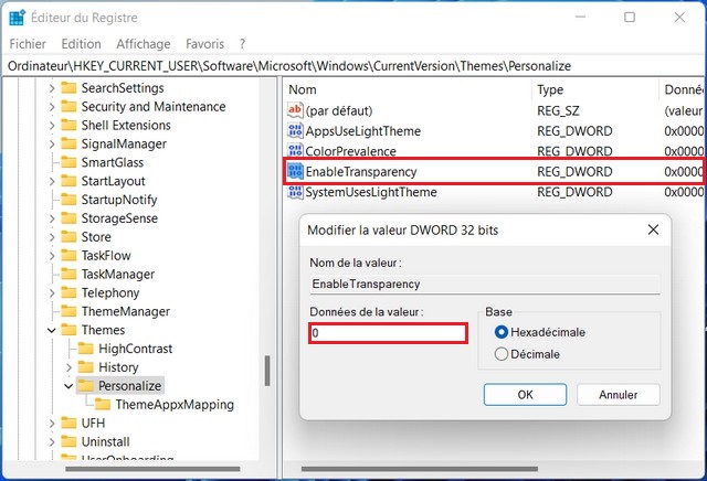Désactiver les effets de transparence à l'aide de l'Éditeur du Registre