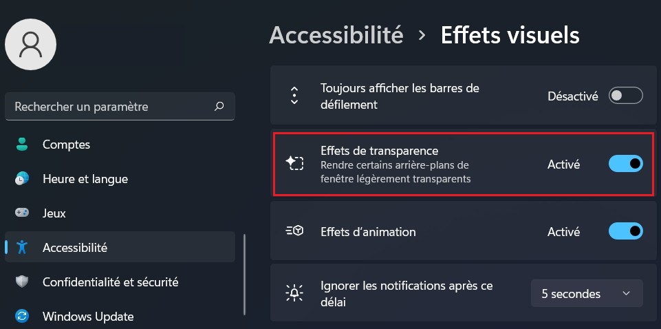 Désactiver les effets de transparence depuis les paramètres d'accessibilité