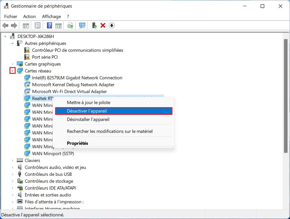 Désactiver une carte réseau dans Windows 11