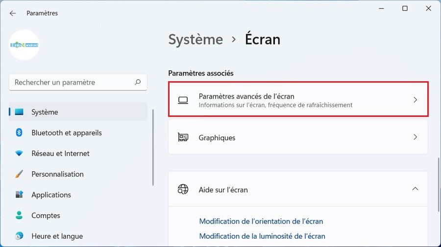 Paramètres avancés de l'écran