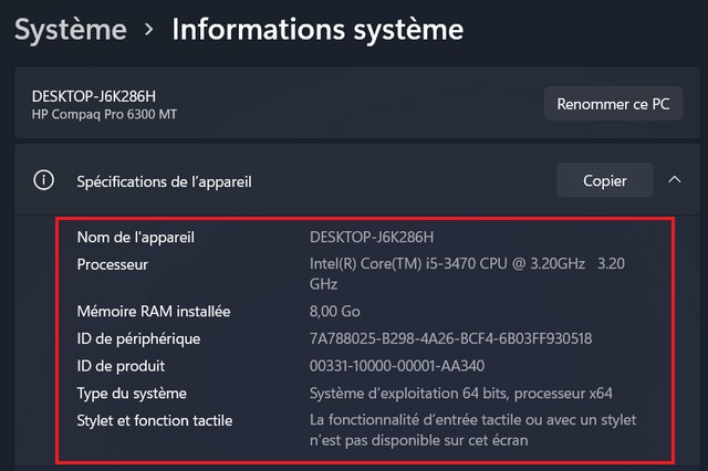 Vérifier les spécifications sur un PC Windows