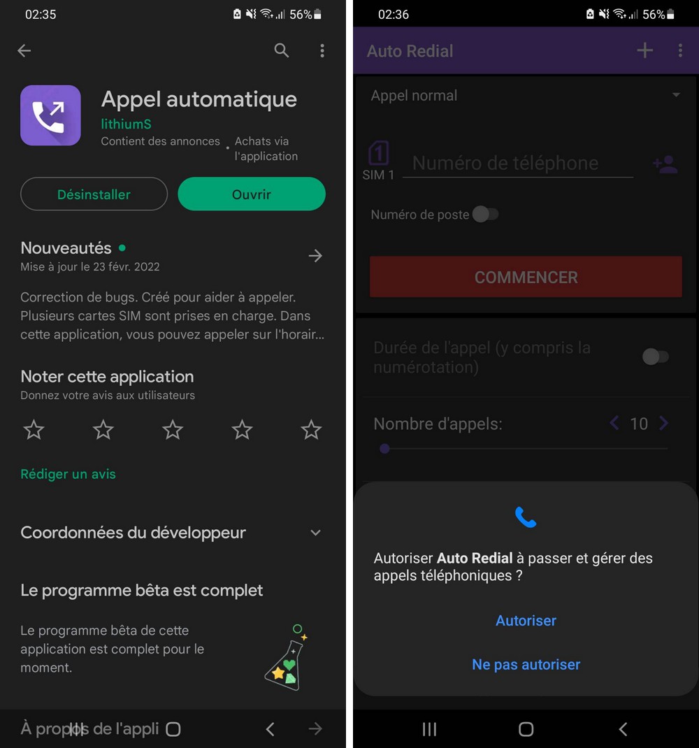 Application Appel automatique