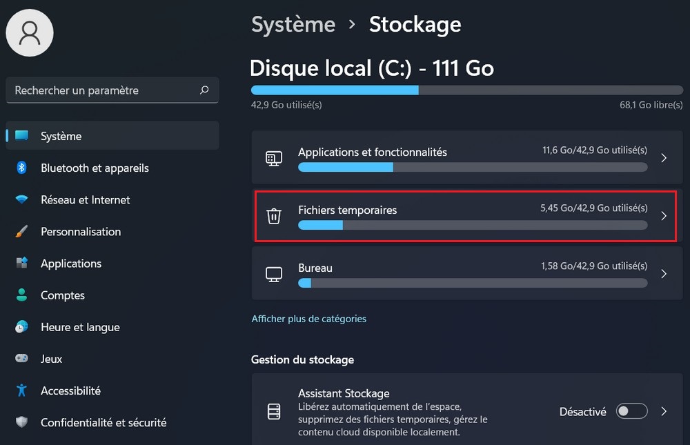 Assistant Stockage Windows 11