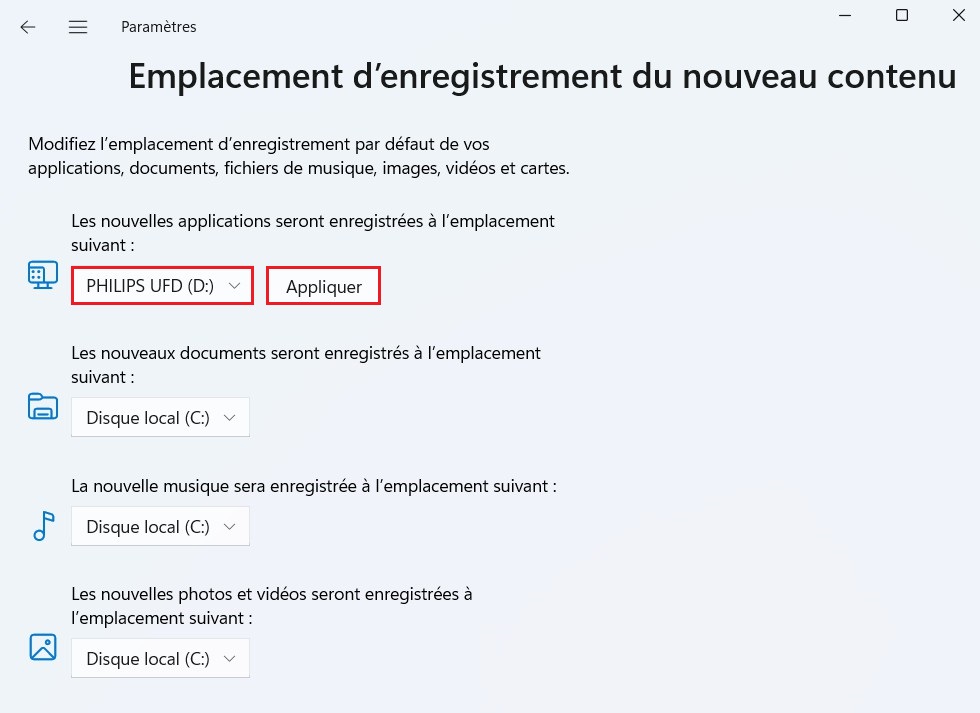 Changer l'emplacement d'enregistrement par défaut