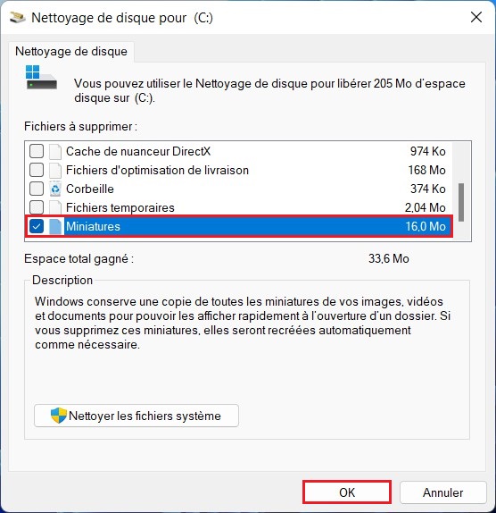 Effacer le cache des miniatures à partir du nettoyage de disque