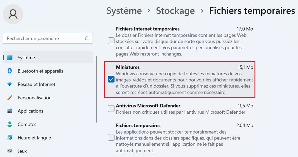 Effacer le cache des miniatures