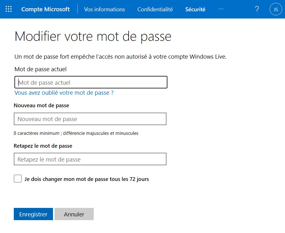 Modifier le mot de passe d'un compte Microsoft
