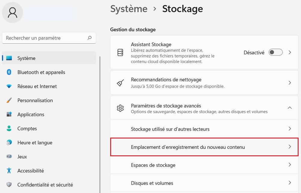 Paramètres de stockage avancés