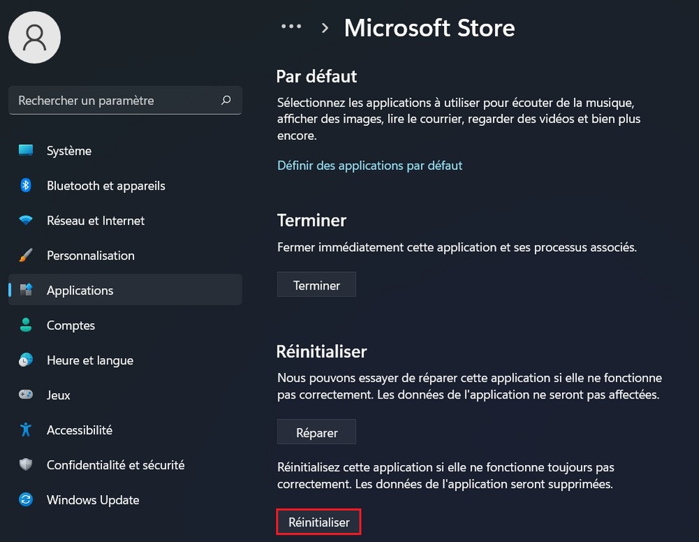Réinitialiser l'application Microsoft Store