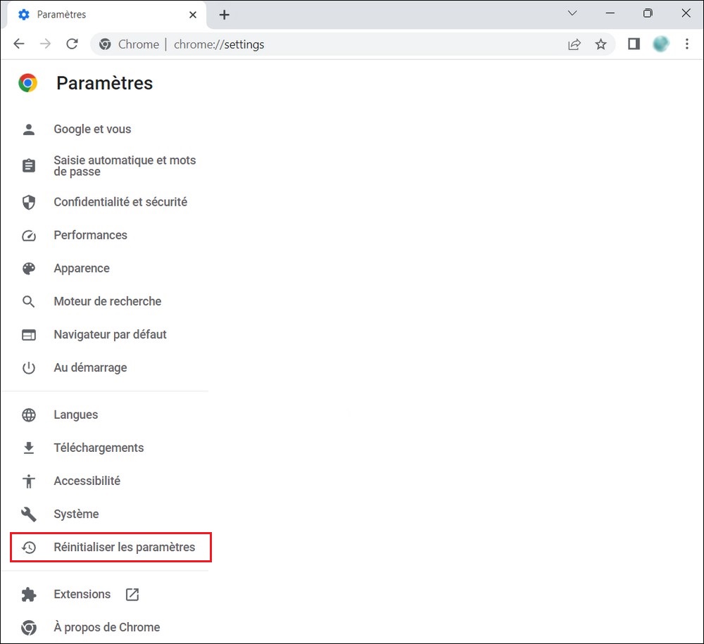 Réinitialiser les paramètres Chrome
